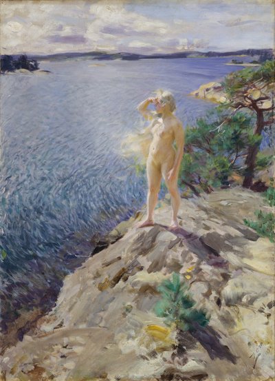 "Op de rotsen" Naakte jonge vrouw die de horizon afspeurt aan een kust - Schilderij van Anders Leonard Zorn, 1894, National museum of art Oslo, Noorwegen door Anders Leonard Zorn