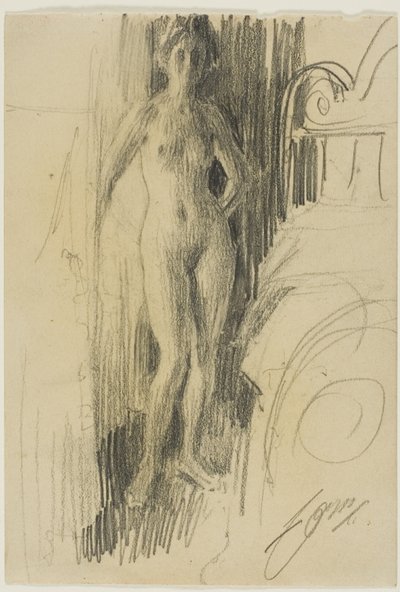 Naaktfiguur staand bij een bed door Anders Leonard Zorn