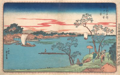 Een uitzicht op kersenbomen in blad langs de Sumida-rivier door Ando Hiroshige