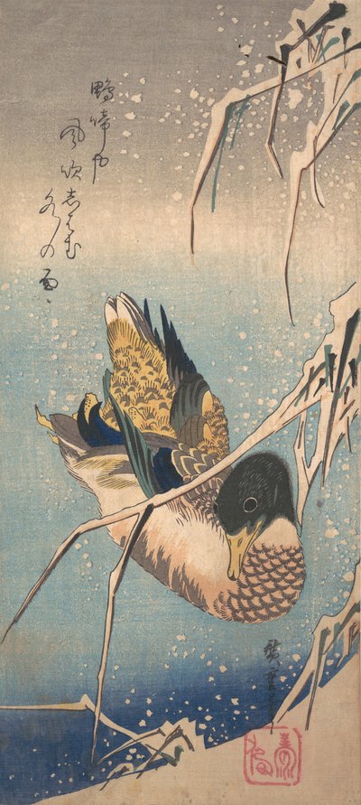 Een Wilde Eend bij een Met Sneeuw Beladen Oever door Ando Hiroshige