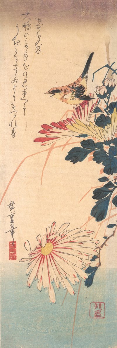 Een winterkoninkje en chrysanten, ca. 1830 door Ando Hiroshige