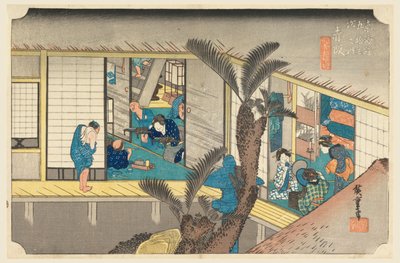 Akasaka, Interieur van Herberg, in De Drieënvijftig Stations van de Tokaido Weg (Tokaido Gojusan Tsugi-no Uchi) door Ando Hiroshige