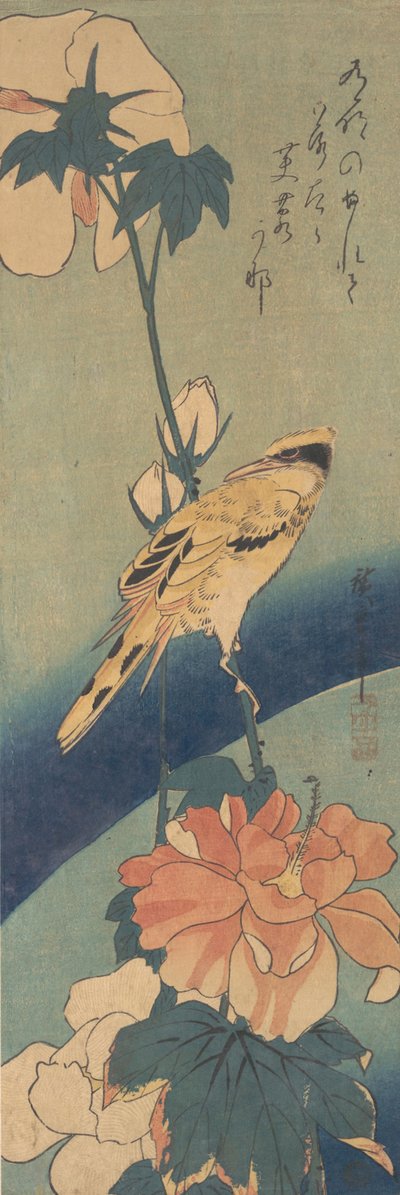 Zwartnekwielewaal Zittend op een Stengel van Rozenkaasjeskruid, ca. 1834 door Ando Hiroshige