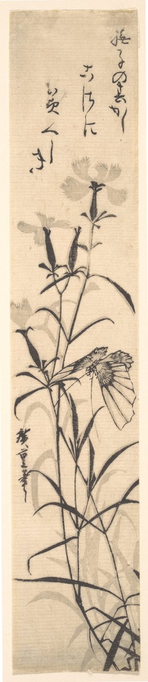 Zwart-wit print van vlinder en bloem een anjer door Ando Hiroshige