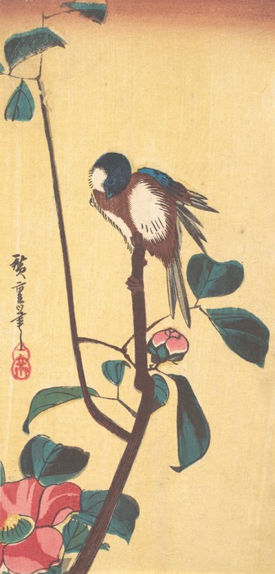 Camellia en Blauwhoofdige Vogel, ca. 1833 door Ando Hiroshige