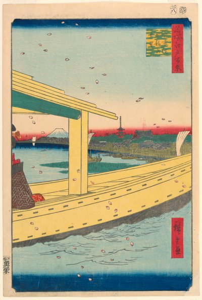 Verre uitzicht op de Kinryuzan-tempel vanaf de Azuma-brug (Azuma-bashi, Kinryuzan embo) nr. 39 uit de serie Honderd beroemde uitzichten van Edo door Ando Hiroshige