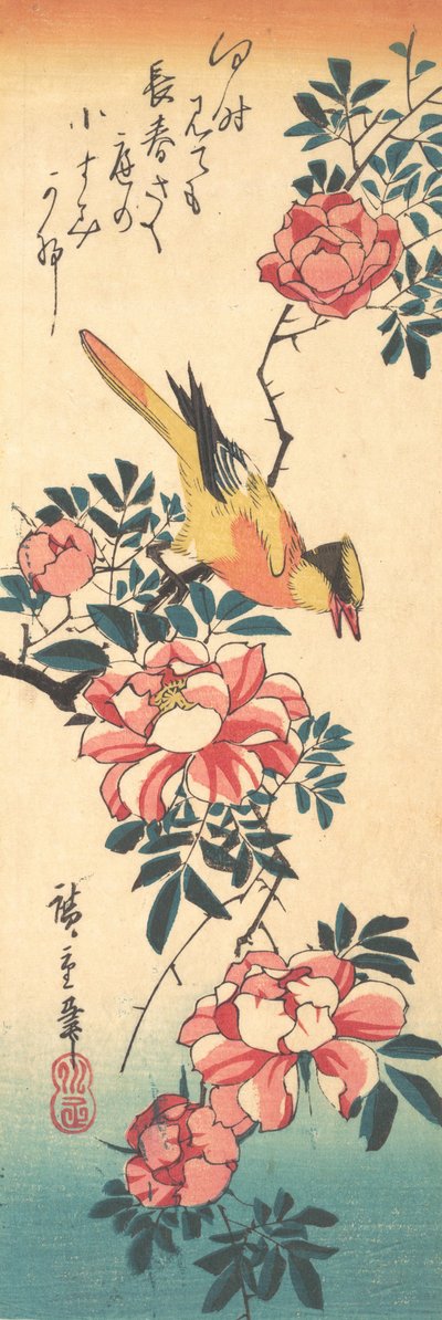 Oostelijke Grijze Kwikstaart en Roos, vroege jaren 1830 door Ando Hiroshige