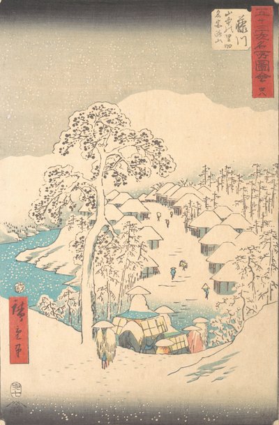Fujikawa, Sanchu Yamanaka no Sato Miyajiyama, 7e maand Hare jaar 1855 door Ando Hiroshige