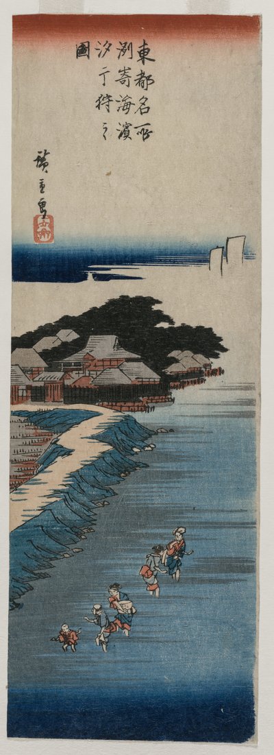 Schelpen verzamelen bij eb in Susaki, uit de serie 100 Zichten op Beroemde Plaatsen in Edo, midden 1830s door Ando Hiroshige