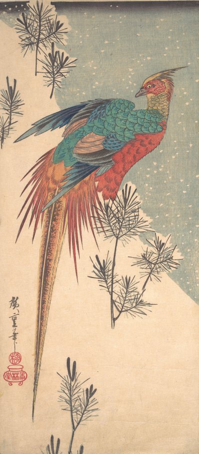Gouden Fazant en Dennenscheuten in Sneeuw, ca. 1835 door Ando Hiroshige