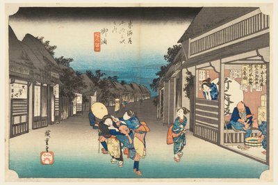 Goyu, vrouwen houden reizigers tegen, in De drieënvijftig stations van de Tokaido-weg (Tokaido Gojusan Tsugi-no Uchi) door Ando Hiroshige