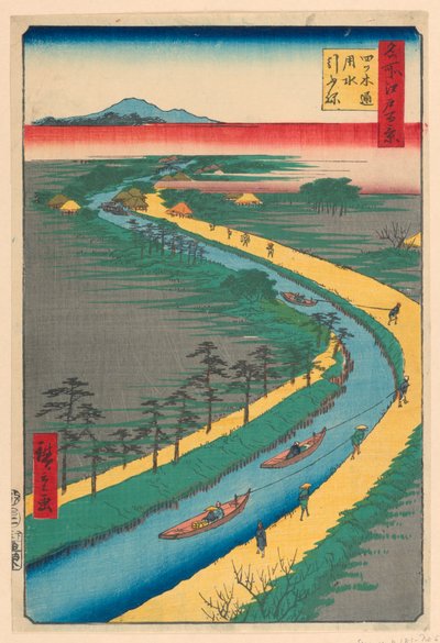 Slepen van kanaalboten, Yotsugi Road (Yotsugi-dori, yosui hikifune) Uit de serie Honderd beroemde uitzichten van Edo door Ando Hiroshige