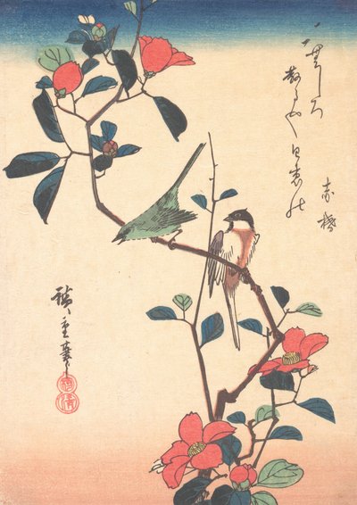 Japanse wit-oog en mees op een cameliatak door Ando Hiroshige