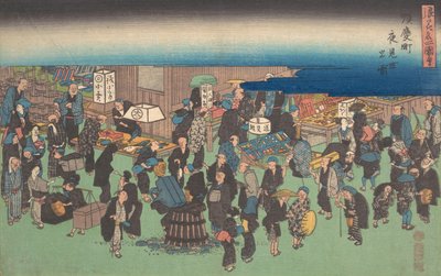 Junkei machi Yomise no Zu, ca. 1828 door Ando Hiroshige
