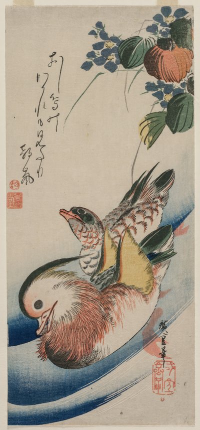 Mandarijneenden en bloeiende planten, begin of midden jaren 1830 door Ando Hiroshige