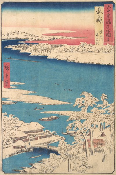 Ochtend na een sneeuwval, de Sumida-rivier, Musashi-provincie, uit de serie Views door Ando Hiroshige