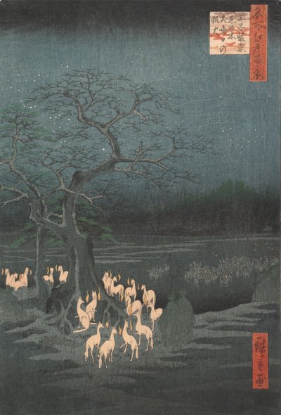 Oudejaarsavond Vossenbranden bij de Veranderende Boom, Oji, ca. 1857 door Ando Hiroshige