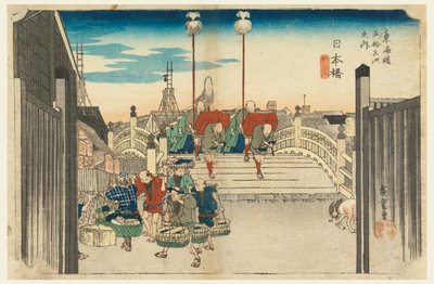 Nihonbrug, Ochtendzicht, Nihonbashi, in De Drieënvijftig Stations van de Tokaido-weg (Tokaido Gojusan Tsugi-no Uchi) door Ando Hiroshige