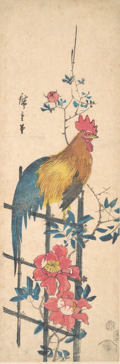 Pioenroos en Haan, 1854 door Ando Hiroshige