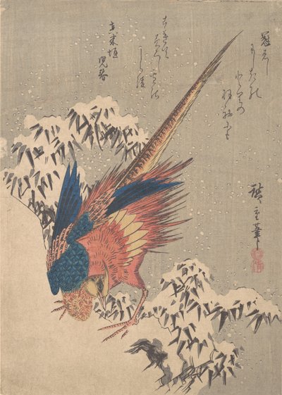 Fazant Tussen Met Sneeuw Beladen Bamboe op Heuvel, ca. 1840 door Ando Hiroshige