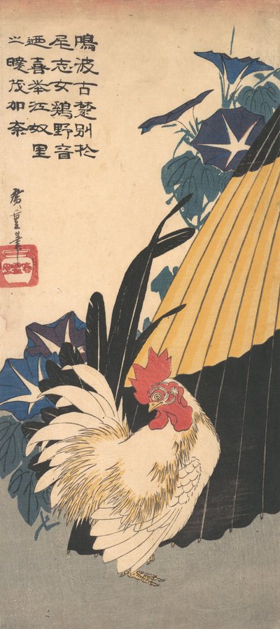 Haan, Paraplu en Morgenroosjes, ca. 1830 door Ando Hiroshige