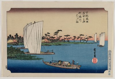 Verspreide pijnbomen bij de Tone-rivier..., gepubliceerd in 1919 door Ando Hiroshige