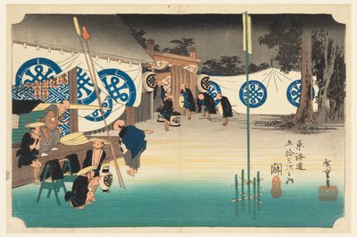 Seki, Vroeg Vertrek, in De Drieënvijftig Stations van de Tokaido Weg (Tokaido Gojusan Tsugi-no Uchi) door Ando Hiroshige