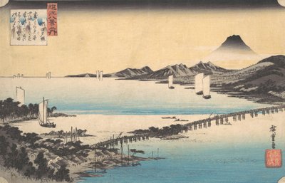 Seta no Sekisho. Zonsondergang, Seta. Meer Biwa door Ando Hiroshige