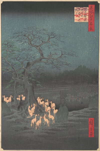 Shozokuenoki-boom bij Oji: Vossenlichten op oudejaarsavond door Ando Hiroshige