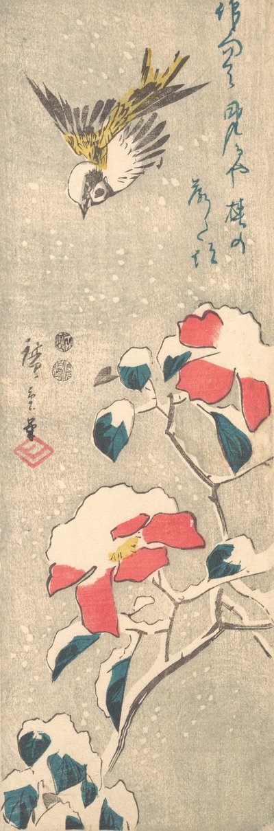 Mus en met sneeuw bedekte Camellia Tsubaki, ca. 1845 door Ando Hiroshige