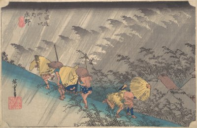 Plotselinge regenbui bij Shono, uit de serie Drieënvijftig stations van de Tokaido, 1834-35 door Ando Hiroshige