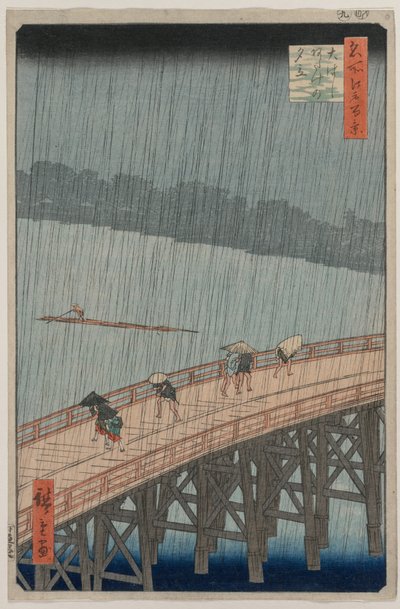 Plotselinge Regenbui over Shin-Ohashi Brug en Atake..., 1857 door Ando Hiroshige