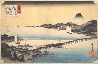 Zonsondergangsgloed bij Seta Seta sekisho, uit de serie Acht Uitzichten van de Omi Provincie, 1834-35 door Ando Hiroshige