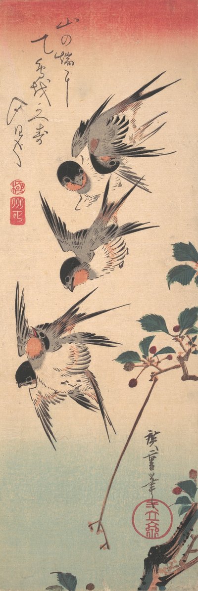 Zwaluwen en Ontluikende Wilde Kers, ca. 1835 door Ando Hiroshige