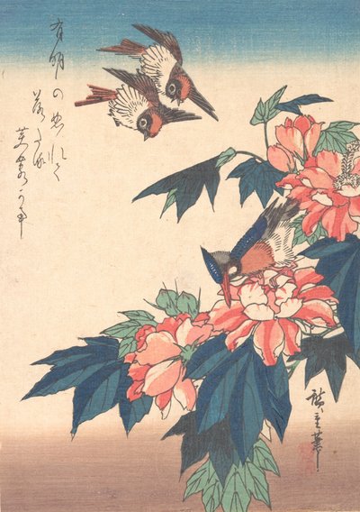 Zwaluwen en ijsvogel met rozen, ca. 1838 door Ando Hiroshige