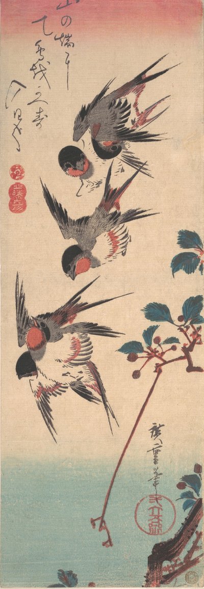 Zwaluwen en wilde kers, ca. 1834 door Ando Hiroshige