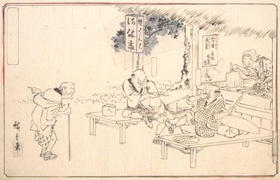 De beroemde praktische grappenmakers Yajirobei bij een wegrestaurant, ca. 1840 door Ando Hiroshige