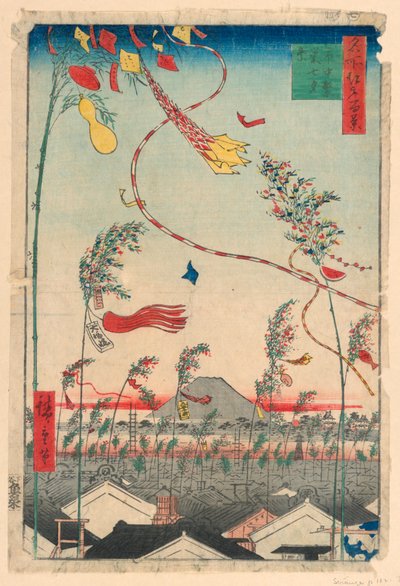 Welvarende stad met Tanabata-festival (Shichu han-ei, Tanabata matsuri) uit de serie Honderd Zichten op Edo door Ando Hiroshige