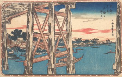 Schemering Maan bij Ryogoku Brug door Ando Hiroshige