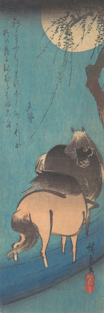 Twee paarden onder de maan door Ando Hiroshige