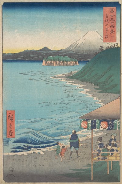Uitzicht op de berg Fuji vanaf Seven-ri Beach, provincie Sagami, gedateerd 4e maand, Paardenjaar 1858 door Ando Hiroshige