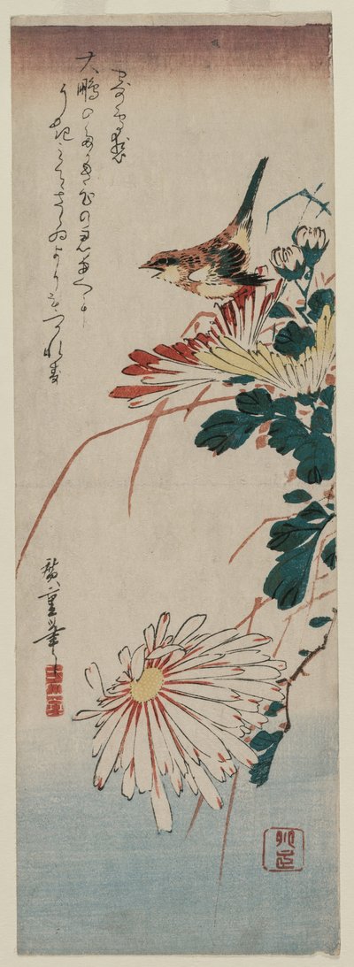 Zanger en chrysanten, midden 1830s door Ando Hiroshige
