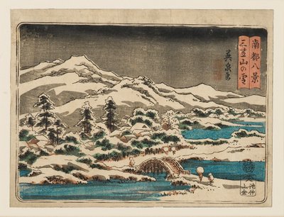 Houtsnede - Kleine sneeuwscène. Mikasayama in de sneeuw door Ando Hiroshige