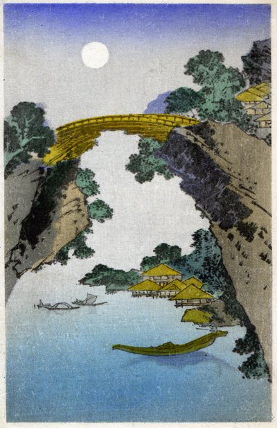 Geografie. Japan. Brug. Houtsnede door Hiroshige in: Drieënvijftig stations van de Tokaido (1833-1834). Ansichtkaart, Japan, ca. 1900 door Ando or Utagawa (after) Hiroshige