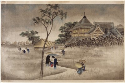 (Groot Gebouw met Hutten Eronder) door Ando or Utagawa Hiroshige