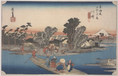 Een veerboot op de Rokugo-rivier door Ando or Utagawa Hiroshige