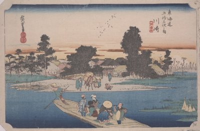 Een veerboot op de Rokugo-rivier door Ando or Utagawa Hiroshige