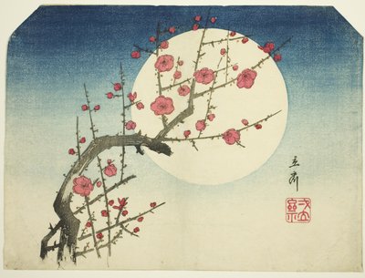 Een Rode Pruimentak tegen de Zomermaan, ca. 1840 door Ando or Utagawa Hiroshige