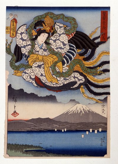 Amaterasu de godin van de Zon op de berg Fuji door Ando or Utagawa Hiroshige
