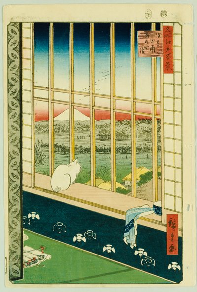 Asakusa-rijstvelden tijdens het festival van de haan door Ando or Utagawa Hiroshige